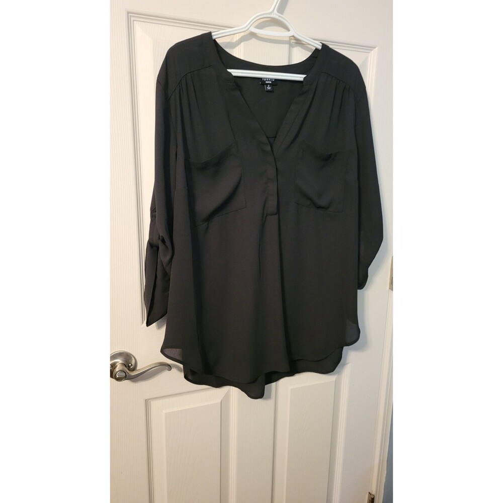 Torrid Harper Black Georgette Blouse Size 2 2X Roll Tab Sleeve Tunic 10381277